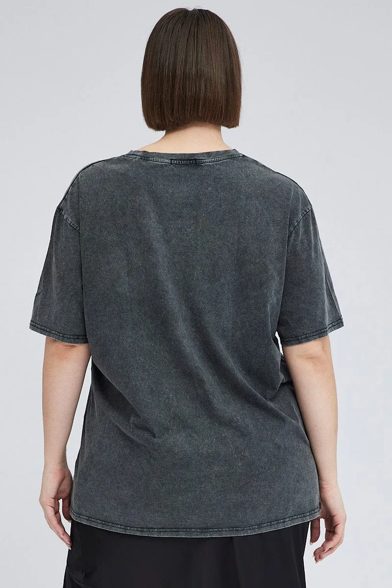 Active Trend Look Grey Graphic T-shirt Short Sleeve Crew Neck
