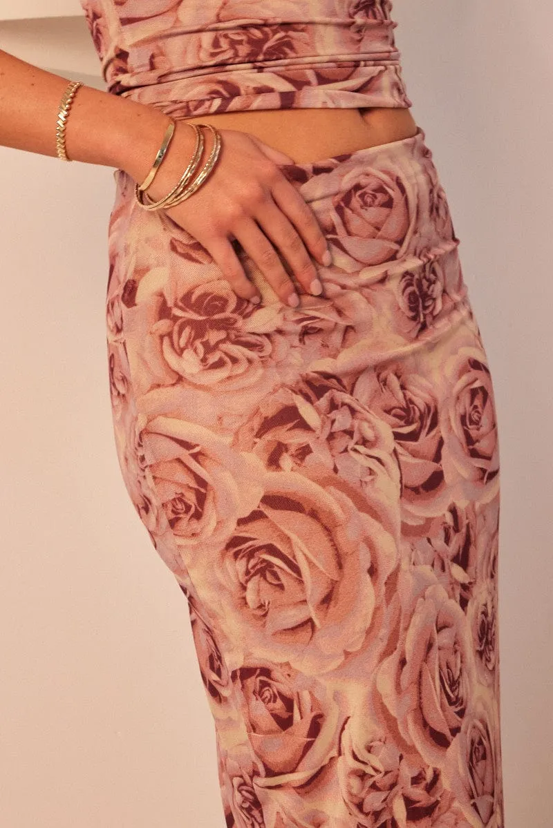 Pink Floral Midi Skirt High Rise Mesh Soft Focus