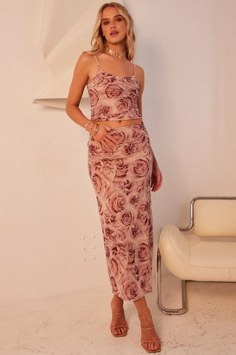 Pink Floral Midi Skirt High Rise Mesh Sleek Comfort Weighted Hem