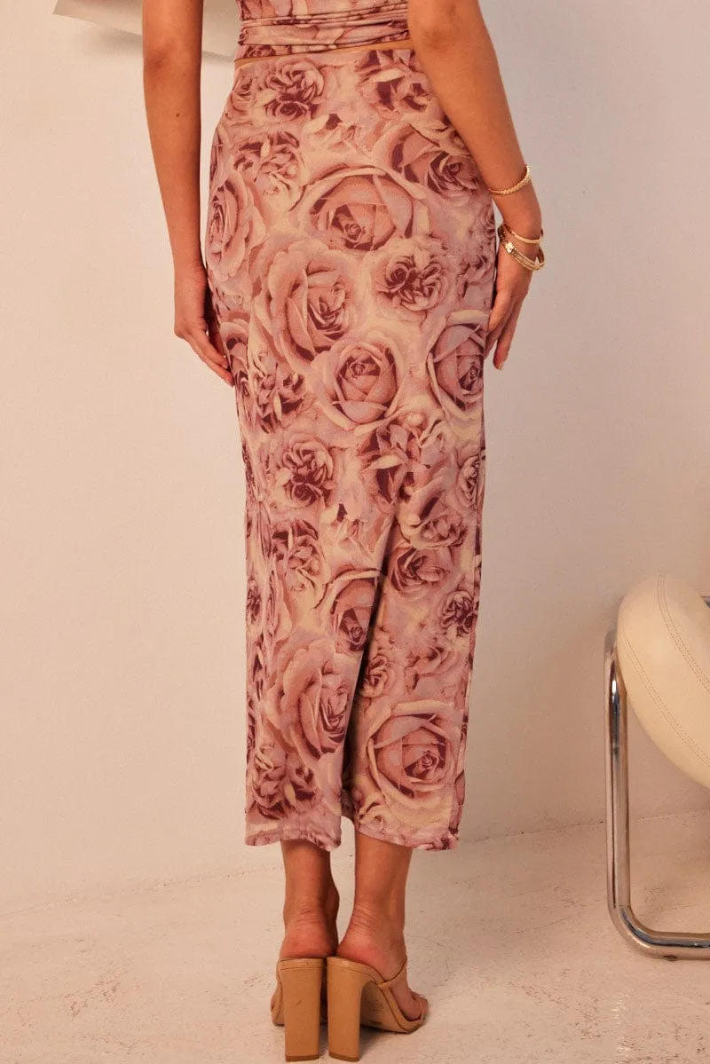 Rolled Hem Signature Detail Pink Floral Midi Skirt High Rise Mesh