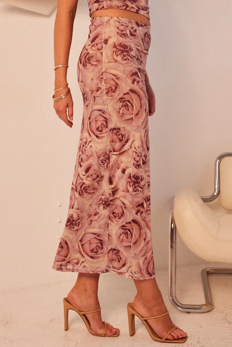 Minimalist Layering Simple Layers Pink Floral Midi Skirt High Rise Mesh