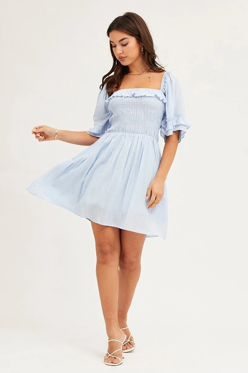 Blue Mini Dress Short Sleeve Pose Glow Adjustable Shoulder Straps