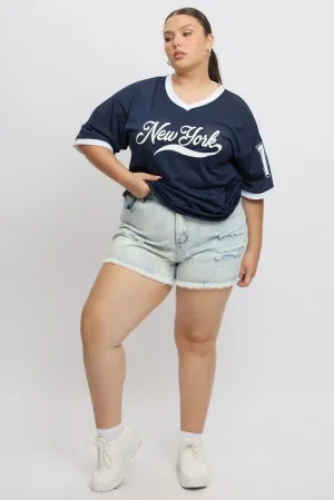 Sporty Vibe Blue Graphic T Shirt Short Sleeve V Neck