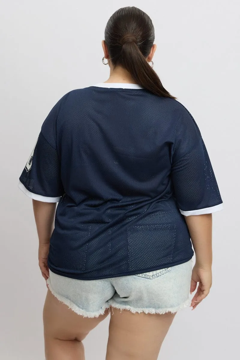 Blue Graphic T Shirt Short Sleeve V Neck Comfort and Fit