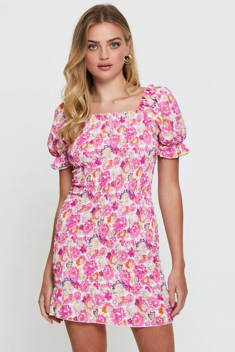 Rich Tone Print Mini Dress Short Sleeve
