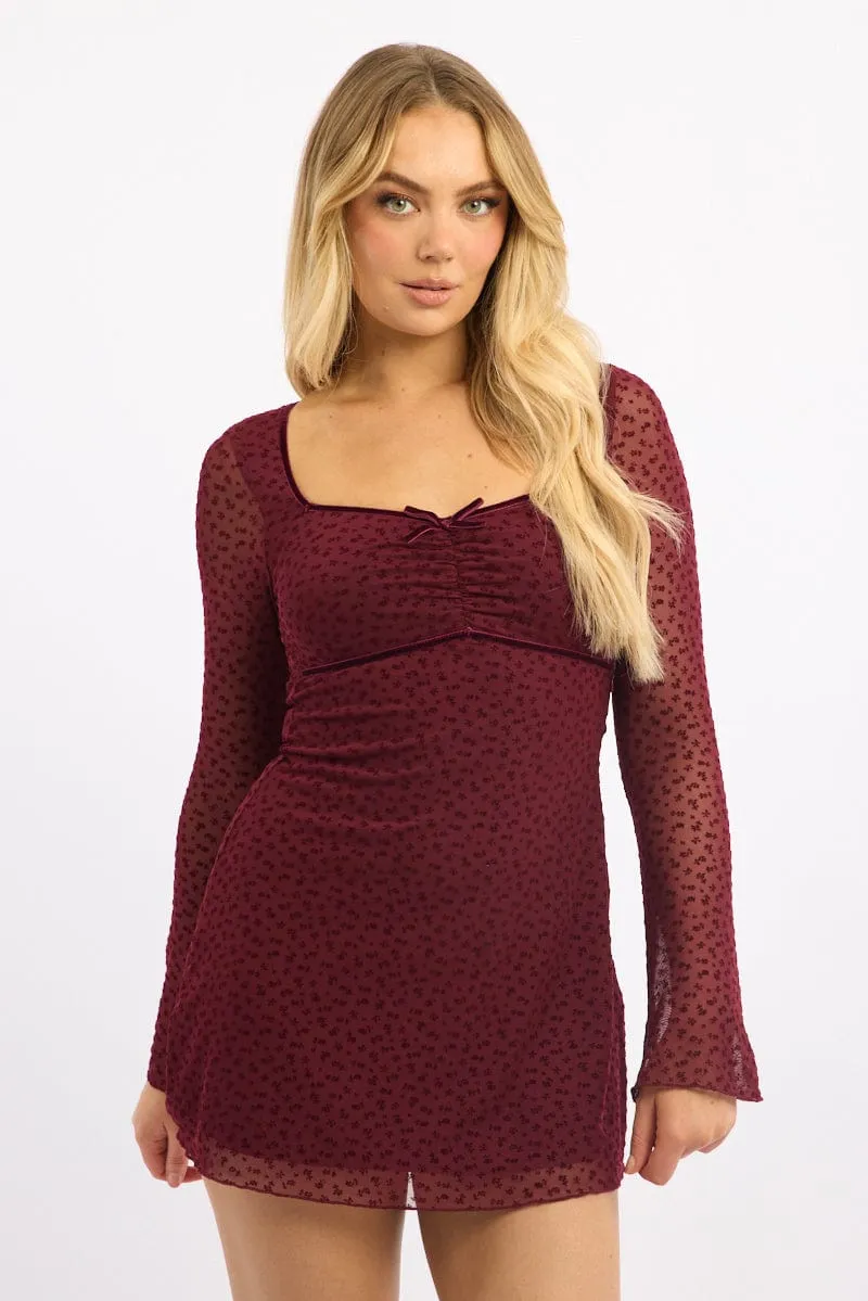 Club look Red Mini Dress Long Sleeve Burn Out