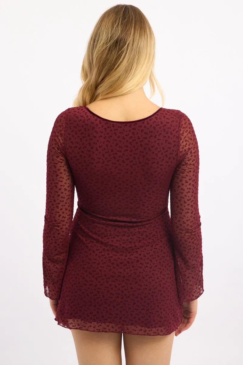 Red Mini Dress Long Sleeve Burn Out Slim Touch Vibrant Prints