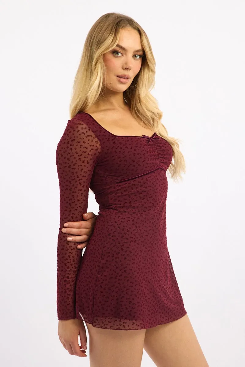party mode City Soft Red Mini Dress Long Sleeve Burn Out