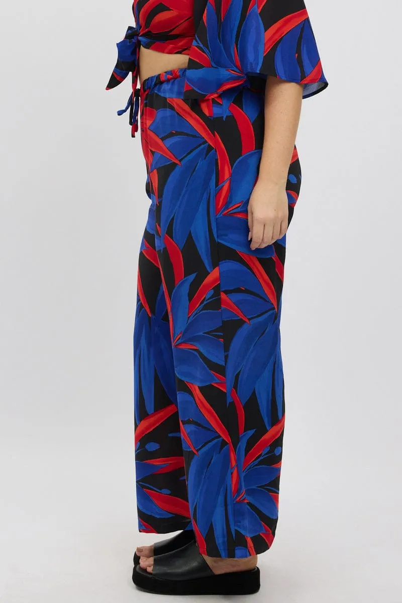 Outdoor Style Black Floral Wide Leg Leaf Pants