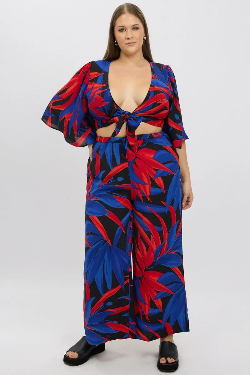 Corduroy texture Freedom Move Black Floral Wide Leg Leaf Pants