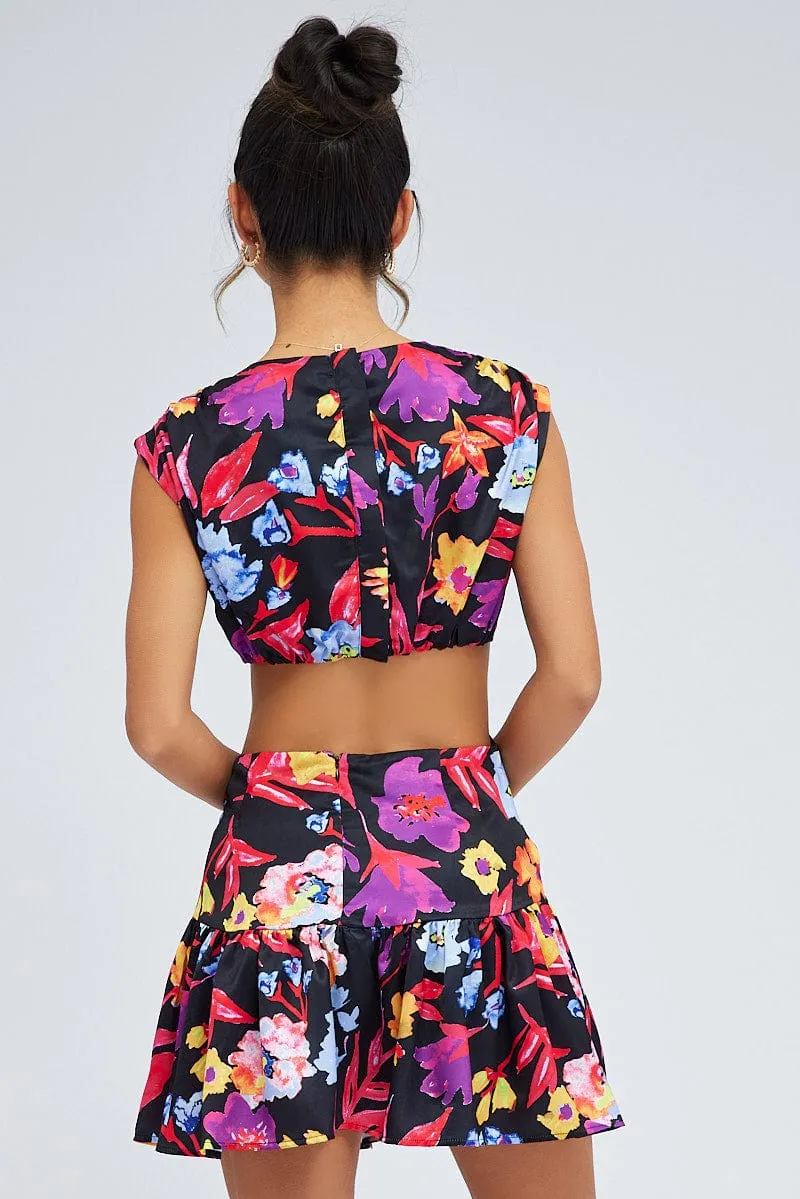 Seamless construction Soft Motion Multi Floral Bright Floral Ring Detail Keyhole Dress