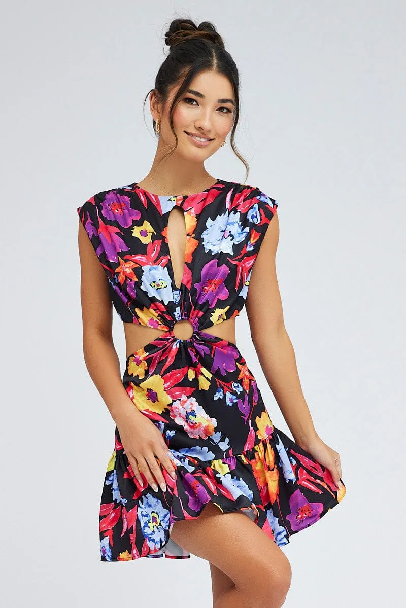 AbrasionFree Edging warm glow Multi Floral Bright Floral Ring Detail Keyhole Dress
