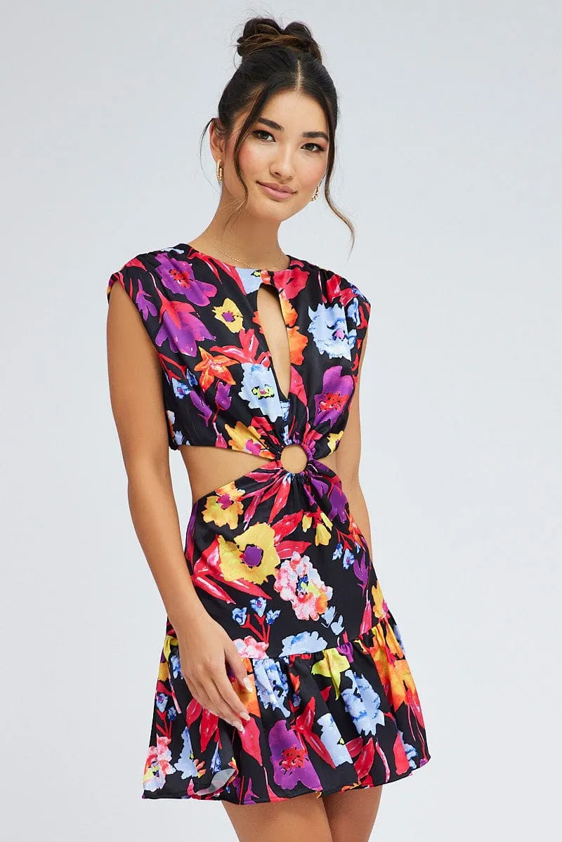 Multi Floral Bright Floral Ring Detail Keyhole Dress Party Ready