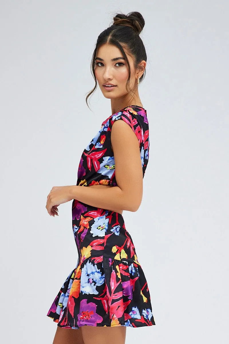 Athletic Apparel Light Core Multi Floral Bright Floral Ring Detail Keyhole Dress