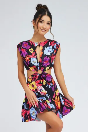 AbrasionFree Edging warm glow Multi Floral Bright Floral Ring Detail Keyhole Dress