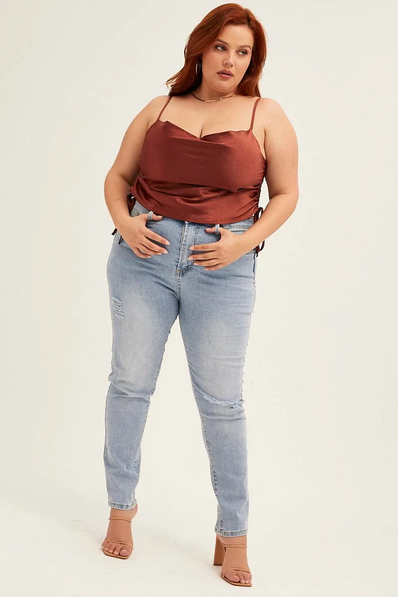 Everyday Outfit Orange Cowl Neck Top Sleeveless Side Ruched Satin