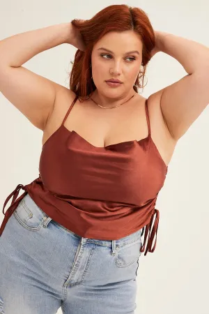 Orange Cowl Neck Top Sleeveless Side Ruched Satin Trend Base Simple Style