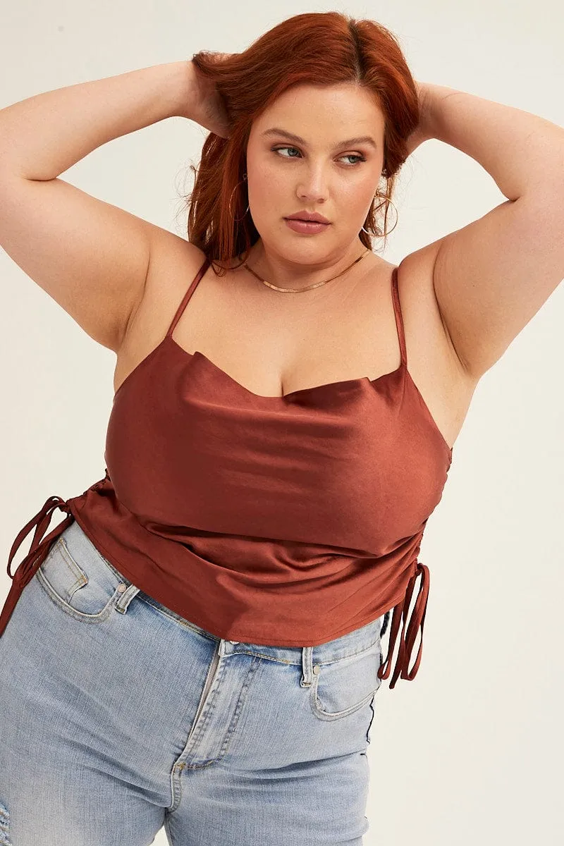 Orange Cowl Neck Top Sleeveless Side Ruched Satin Trend Base Simple Style