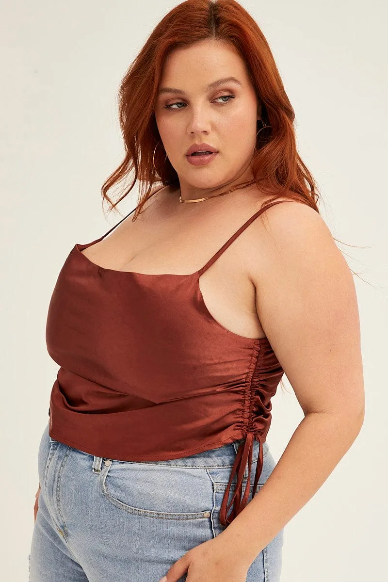 Orange Cowl Neck Top Sleeveless Side Ruched Satin TearResistant Material Cozy Knit