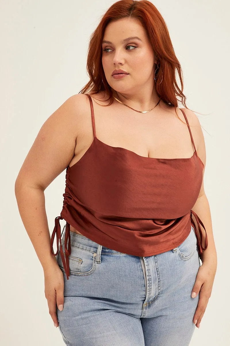 Orange Cowl Neck Top Sleeveless Side Ruched Satin Casual Vibe