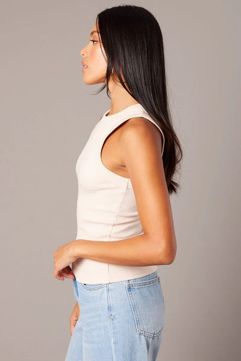 Beige Tank Top Sleeveless Crew Neck FlexibleWaistband