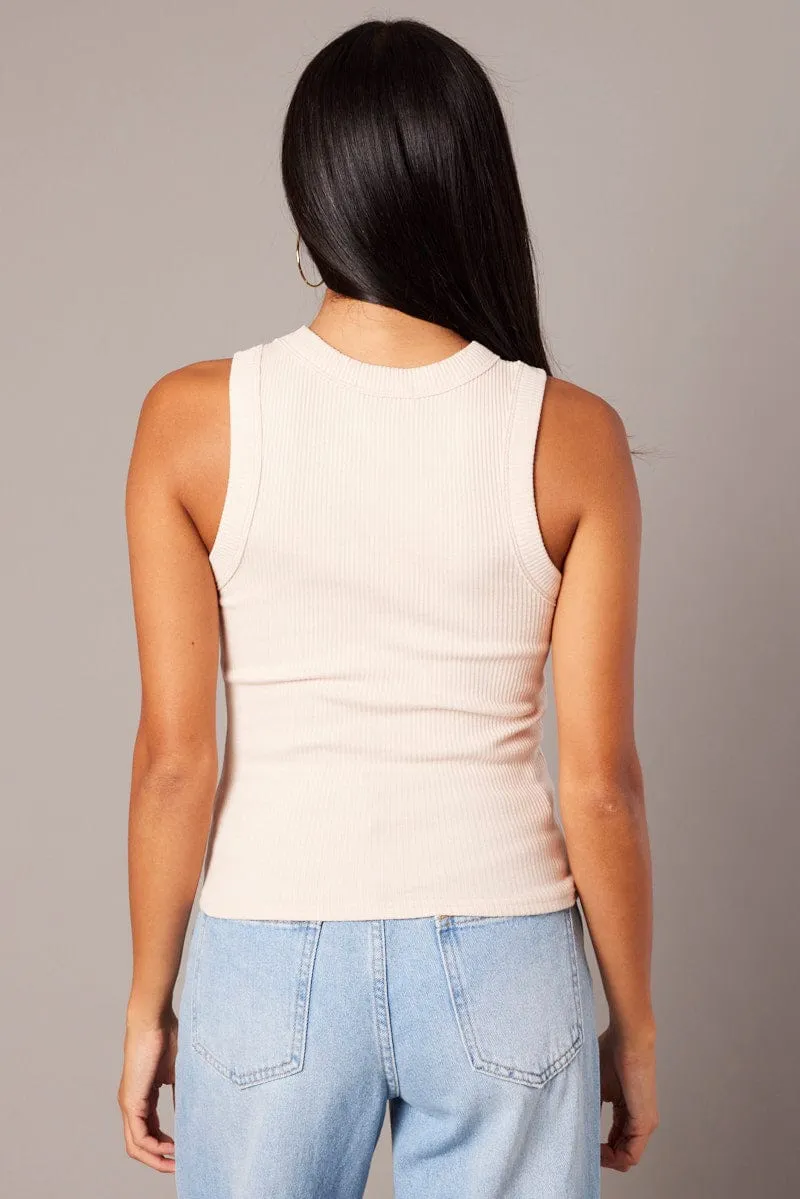 Beige Tank Top Sleeveless Crew Neck Casual Trend
