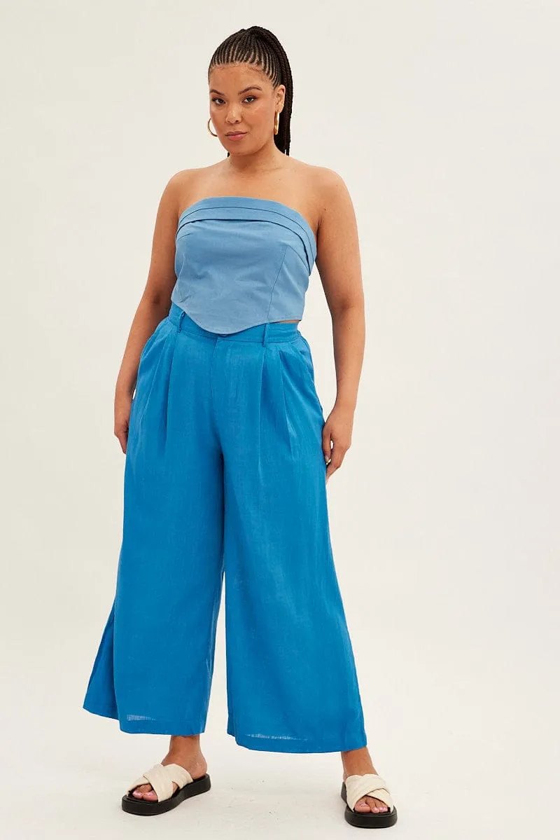 TearResistantMaterial Blue Wide Leg Pants High Rise Linen Blend