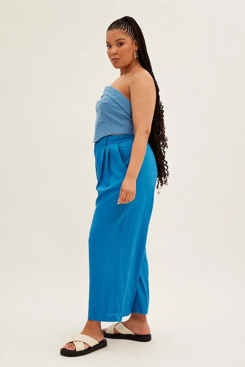 Rubberized grip Anti Pilling Finish Blue Wide Leg Pants High Rise Linen Blend