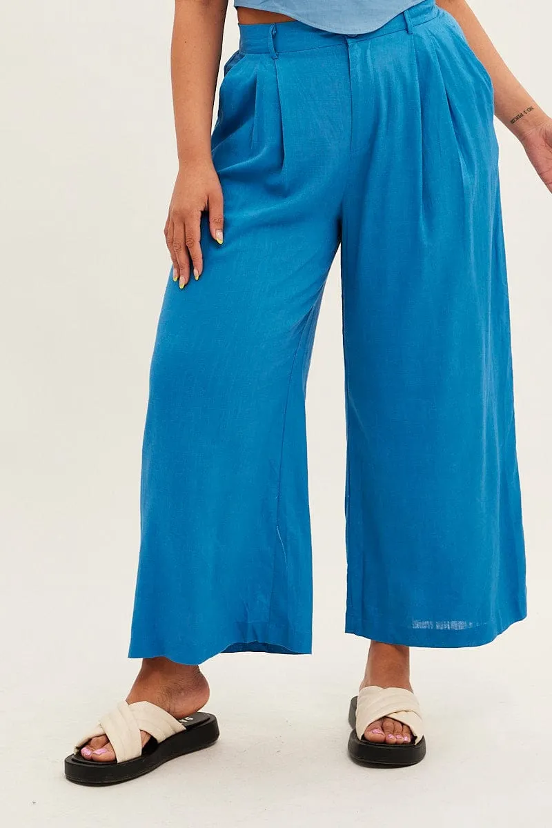 AntiSlipWaistband AntiPilling Blue Wide Leg Pants High Rise Linen Blend