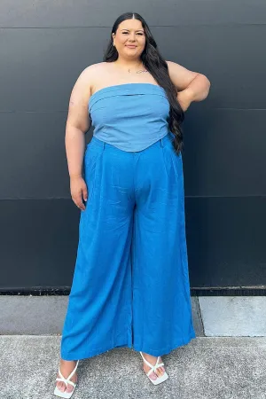 Blue Wide Leg Pants High Rise Linen Blend Soft Brush Lining