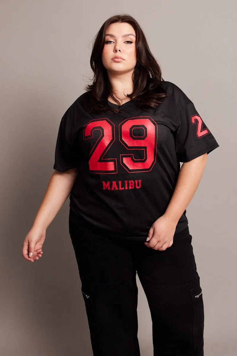 Black Graphic T-shirt Short Sleeve V-Neck Reinforced Neckline