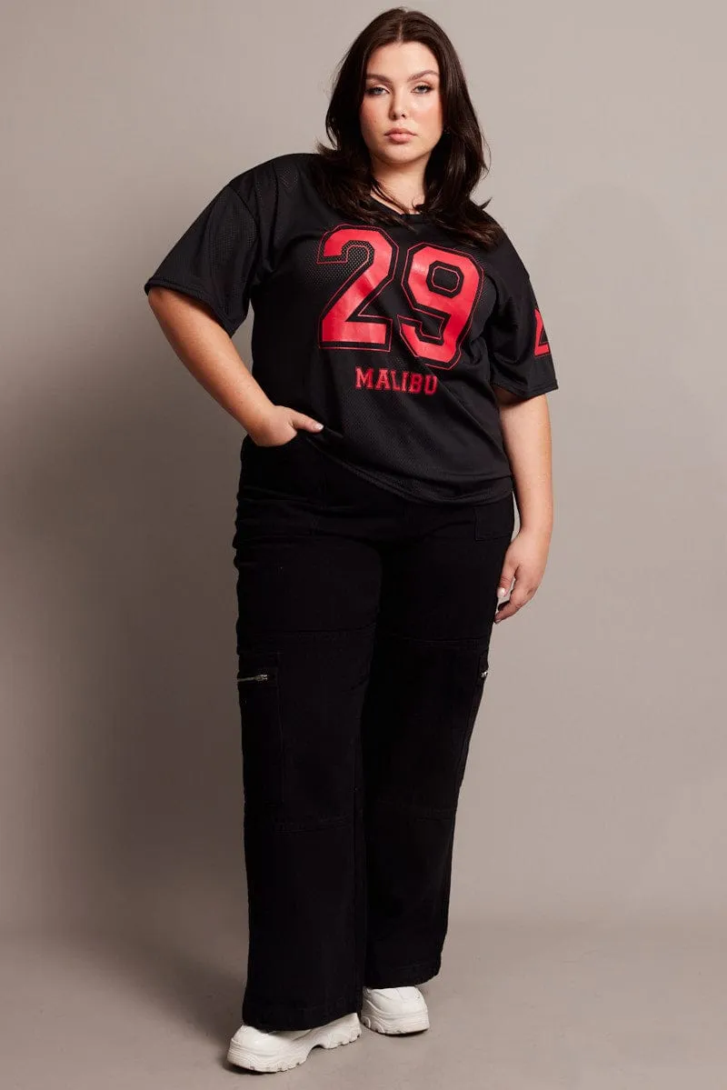 Black Graphic T-shirt Short Sleeve V-Neck Sporty Layer Look Comfort Apparel