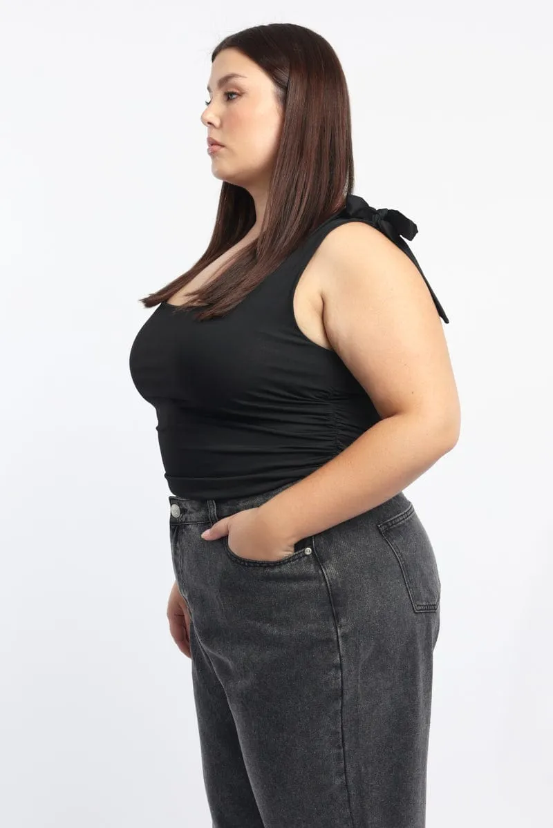 Black Tank Top Tie Shoulder Side Ruched Fashion Dress AbrasiveReinforcedZones