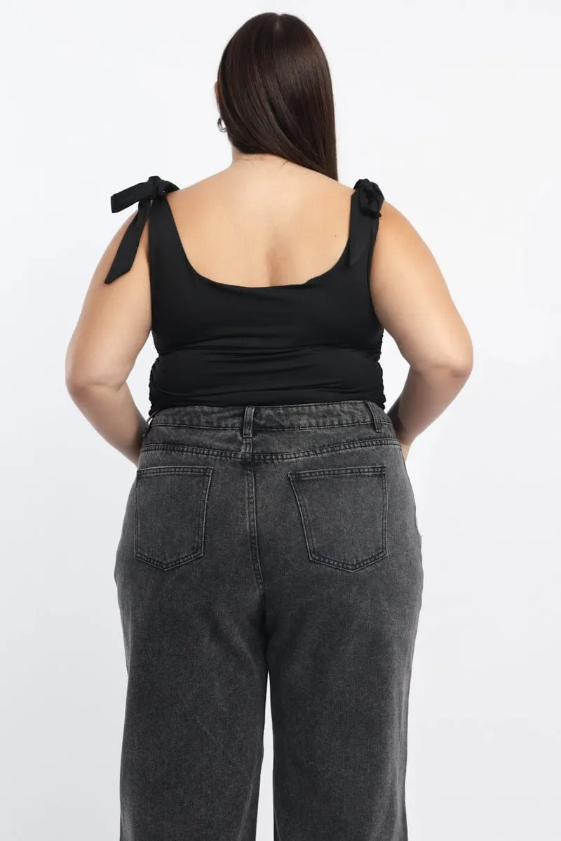 Black Tank Top Tie Shoulder Side Ruched Street Fest