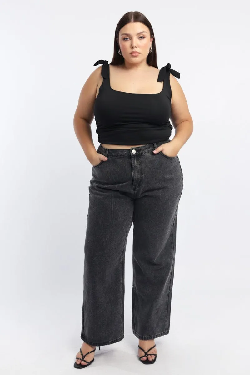 Black Tank Top Tie Shoulder Side Ruched SeamlessFit OdorResistant