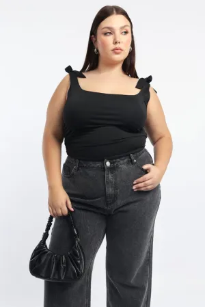 Adjustable drawstring Black Tank Top Tie Shoulder Side Ruched