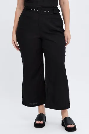 High-rise waist Black Belted Pant Wide Leg Linen Blend With Beltloops