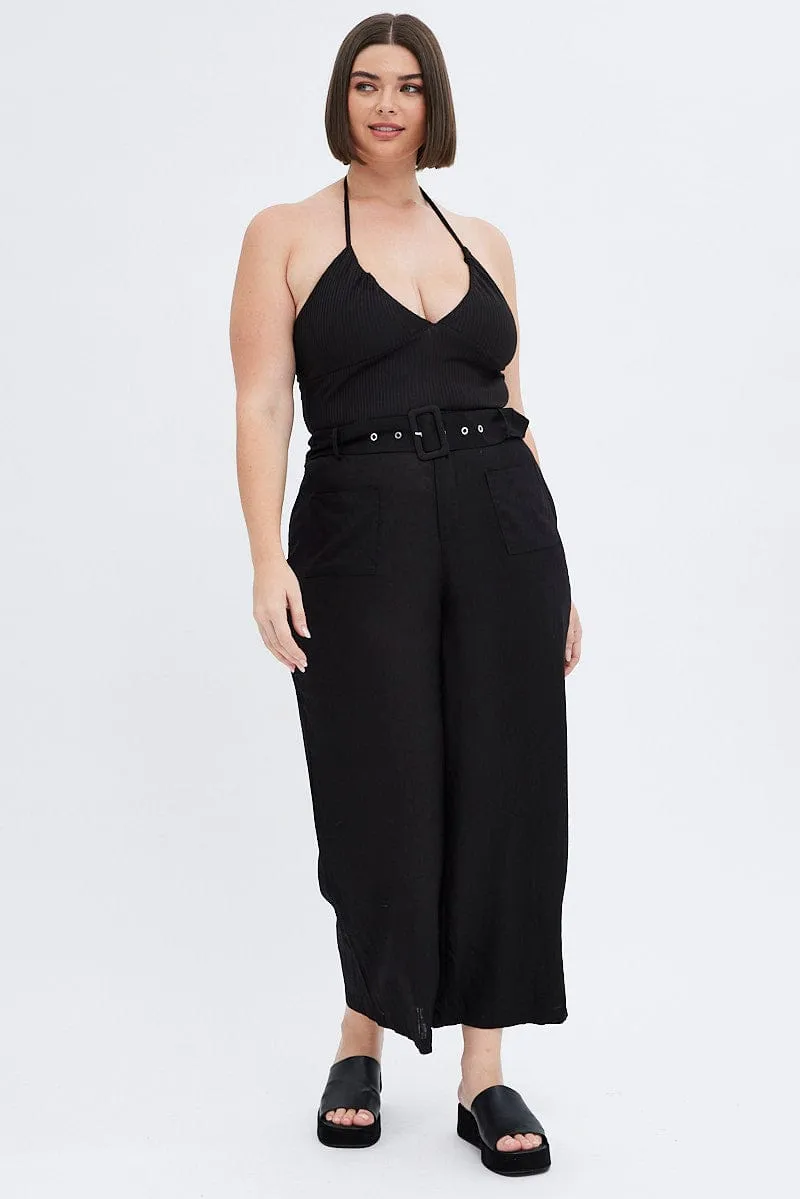Easy Care Fabric Black Belted Pant Wide Leg Linen Blend With Beltloops