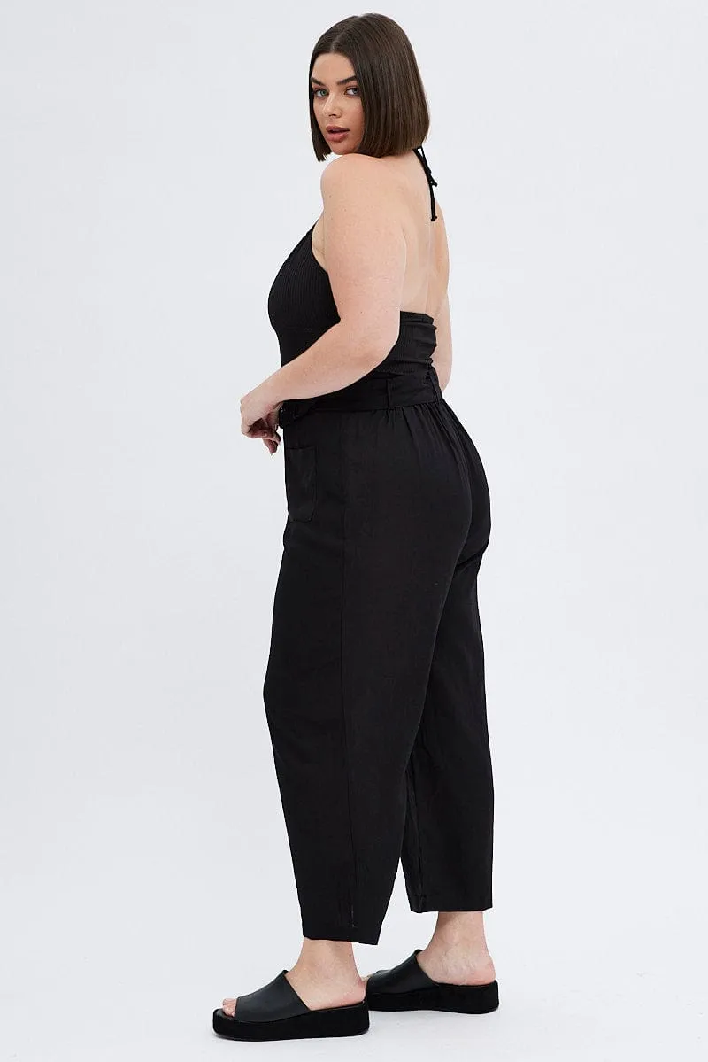 Black Belted Pant Wide Leg Linen Blend With Beltloops Lightweight Material Flat Lock Seams