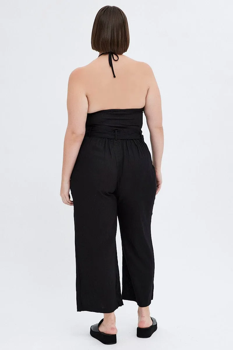 Black Belted Pant Wide Leg Linen Blend With Beltloops Work Comfort Relaxed Comfort Wear