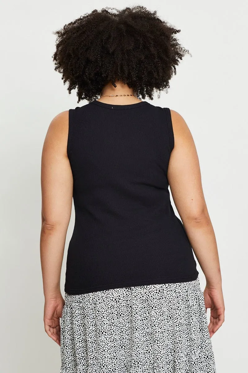 Black Tank Top Crew Neck Sleeveless Rib Frost Glow