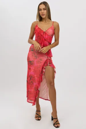 Breathable Fit Red Floral Bodycon Dress Ruffle Mesh