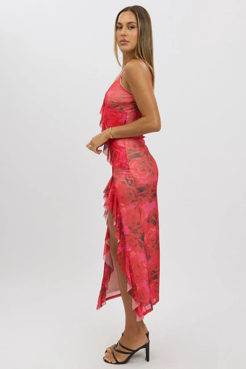 Red Floral Bodycon Dress Ruffle Mesh Recycled Polyester Blend