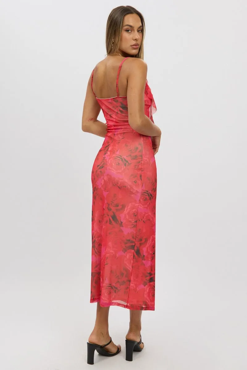 Cozy Pullover Red Floral Bodycon Dress Ruffle Mesh