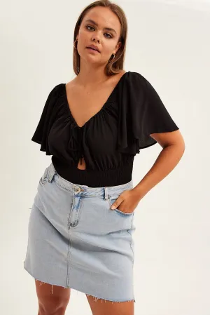 Black Shirred Bodysuit Short Sleeve Cut Out Urban Chic Clear Glow