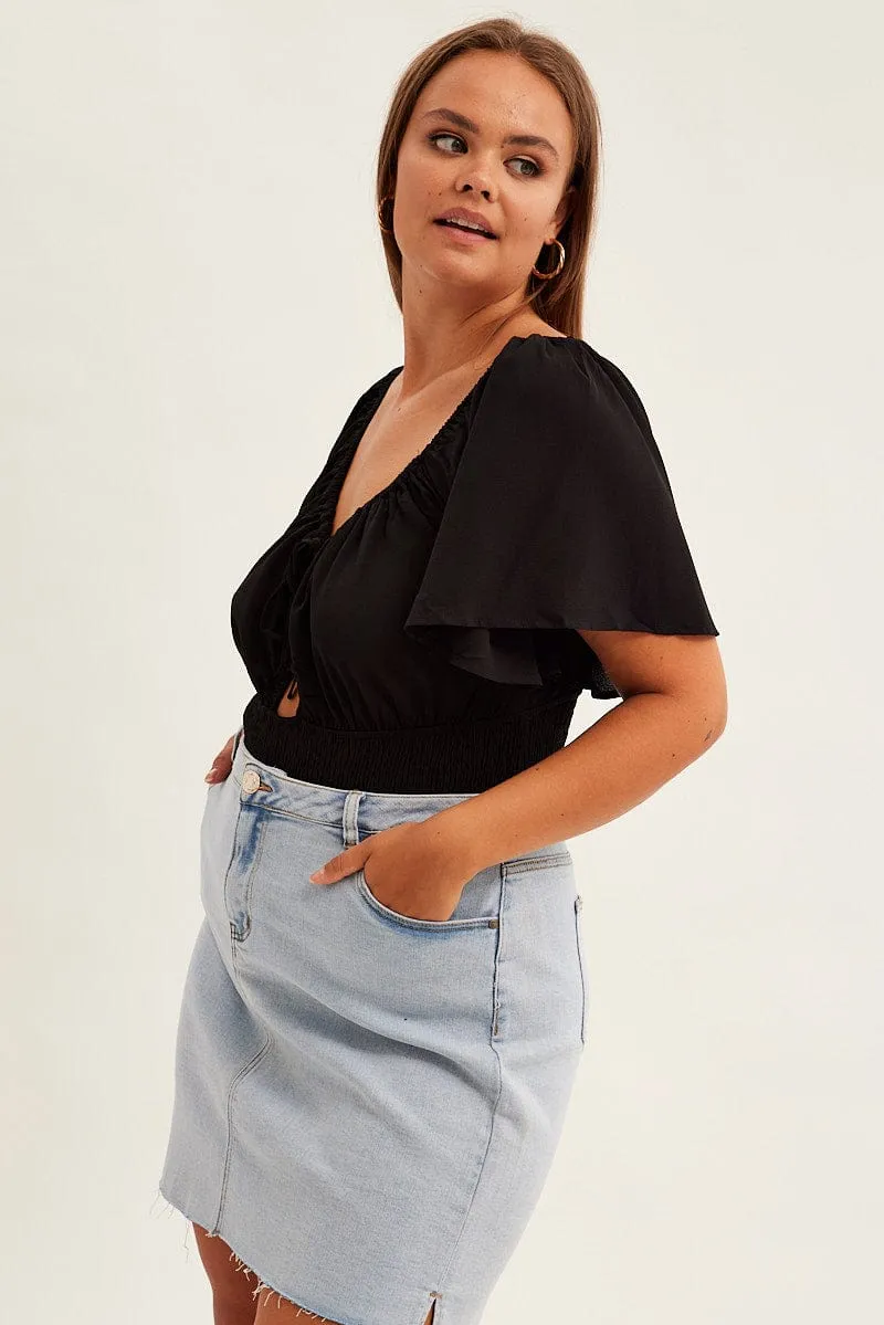 StaticResistantTextile NoRubEdging Black Shirred Bodysuit Short Sleeve Cut Out