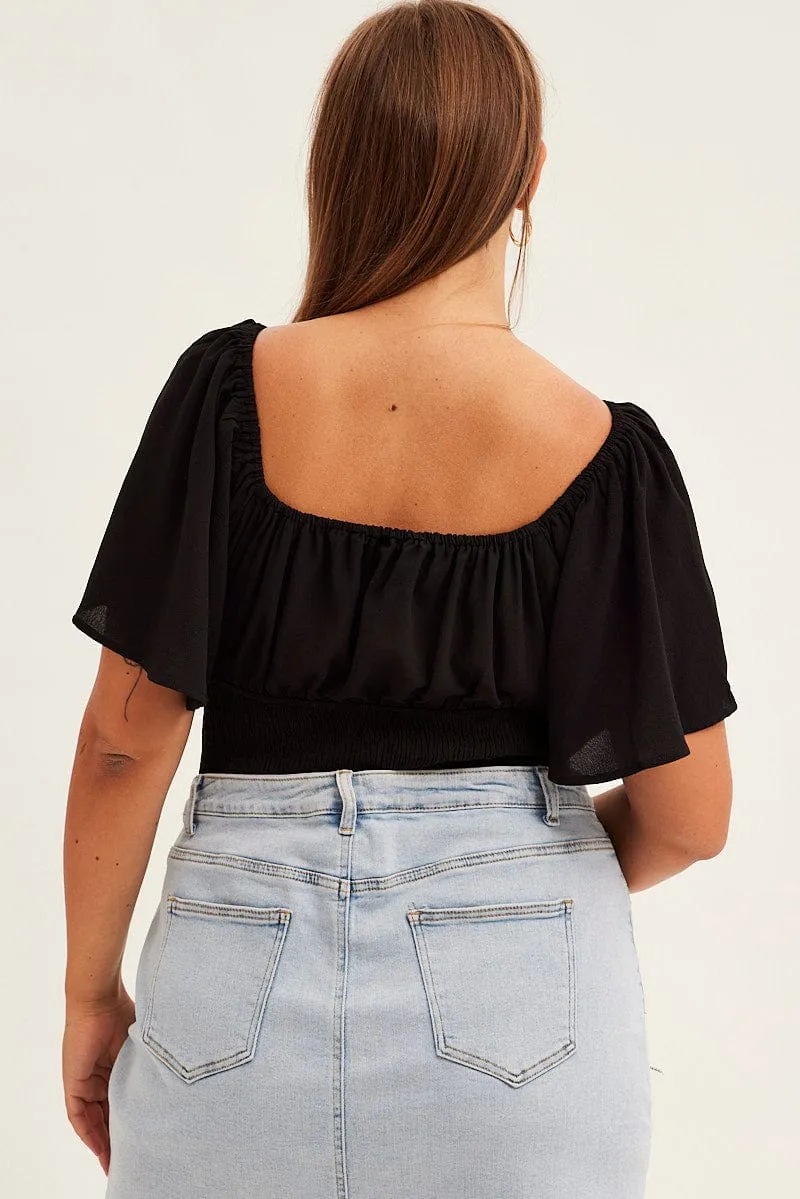 Black Shirred Bodysuit Short Sleeve Cut Out Train Ease