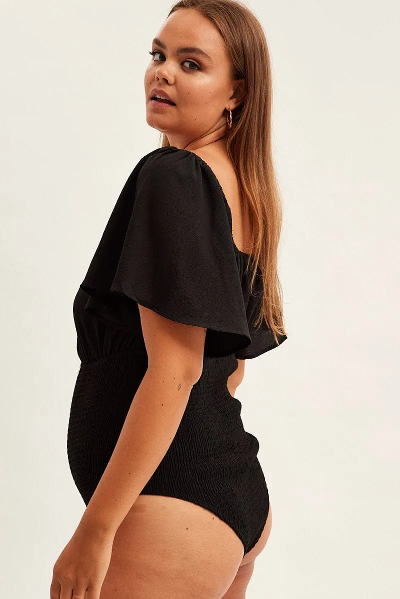 Breathable Lining Black Shirred Bodysuit Short Sleeve Cut Out