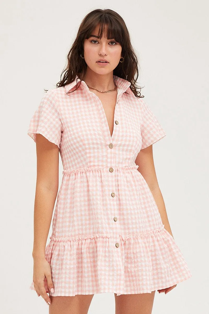 Check Tiered Dress Short Sleeve Mini Outdoor Wear Timeless Blazer