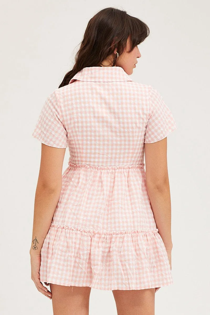 Check Tiered Dress Short Sleeve Mini Comfortable Sweater Statement Wear